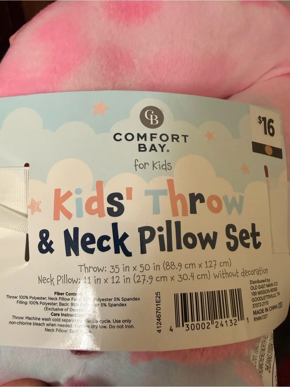 Plush Rainbow Unicorn Kids Neck Pillow with Pink Heart Throw Travel set.